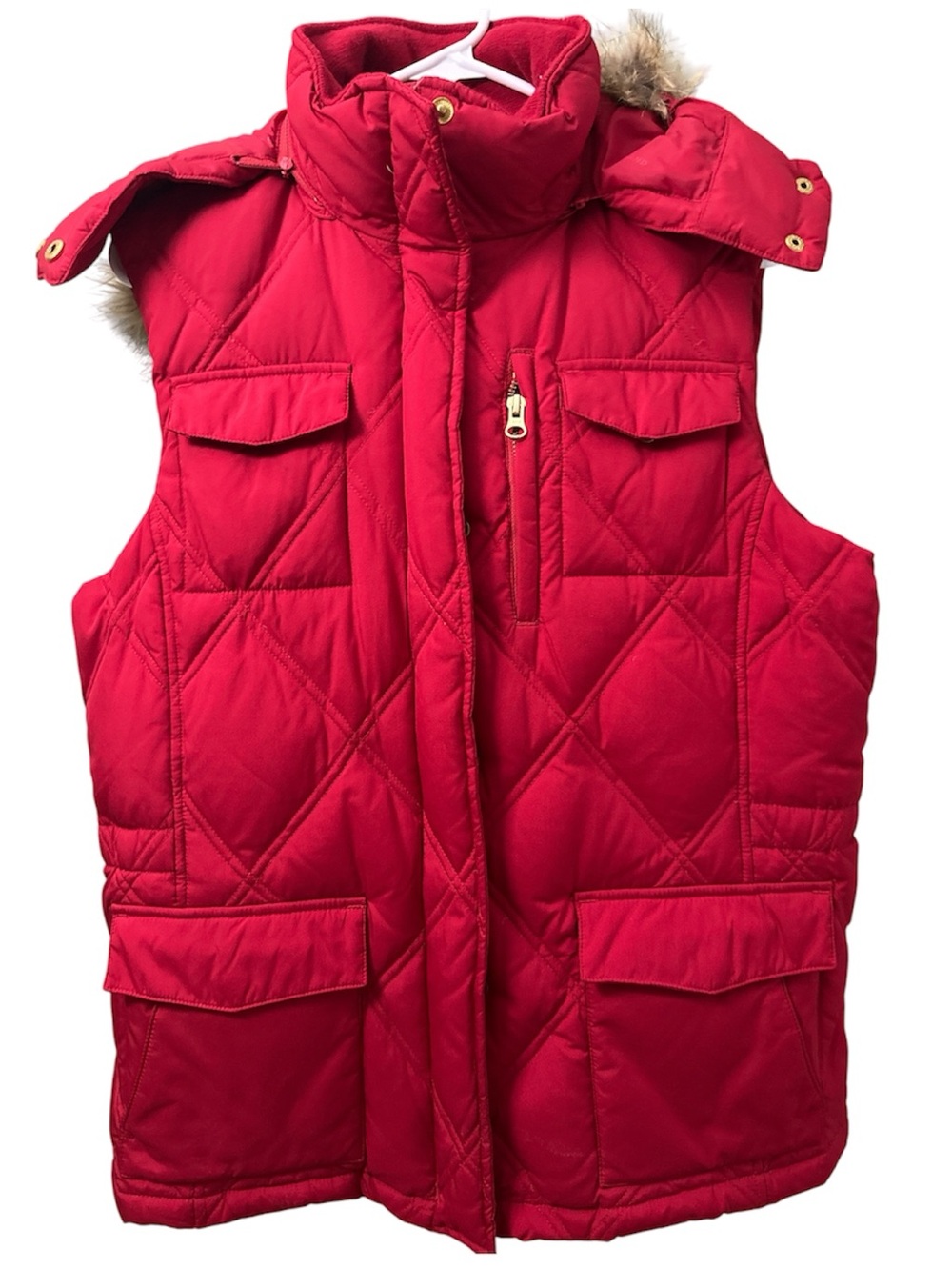 Lands' End Bright Red Quilted Puffer Vest with Faux Fur Trim Hood Size M 10-12